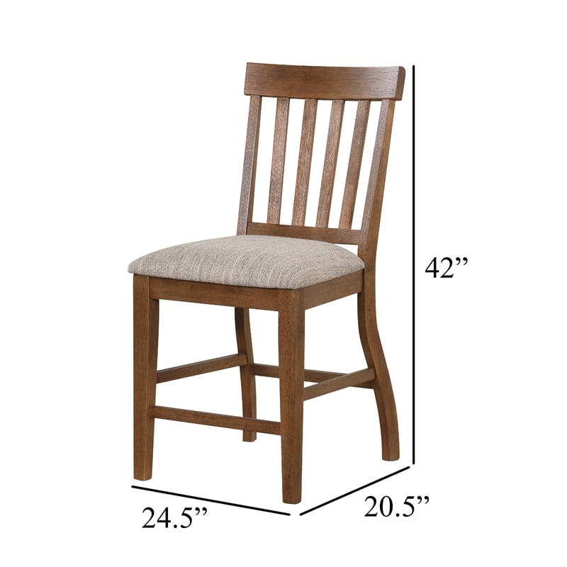 Counter Height Chair Set of 2- Brown Slatted Back- Gray Polyester