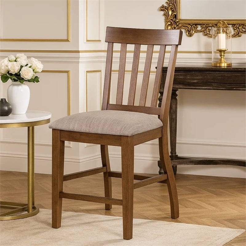 Counter Height Chair Set of 2- Brown Slatted Back- Gray Polyester