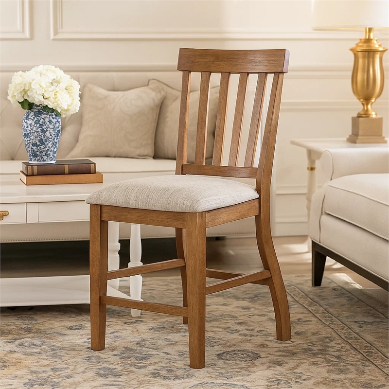 Counter Height Chair Set of 2- Brown Slatted Back- Gray Polyester