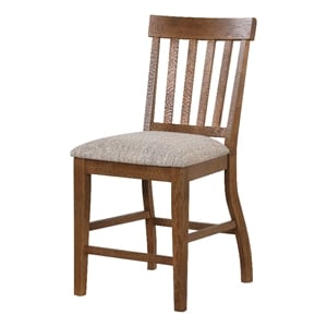 Counter Height Chair Set of 2- Brown Slatted Back- Gray Polyester