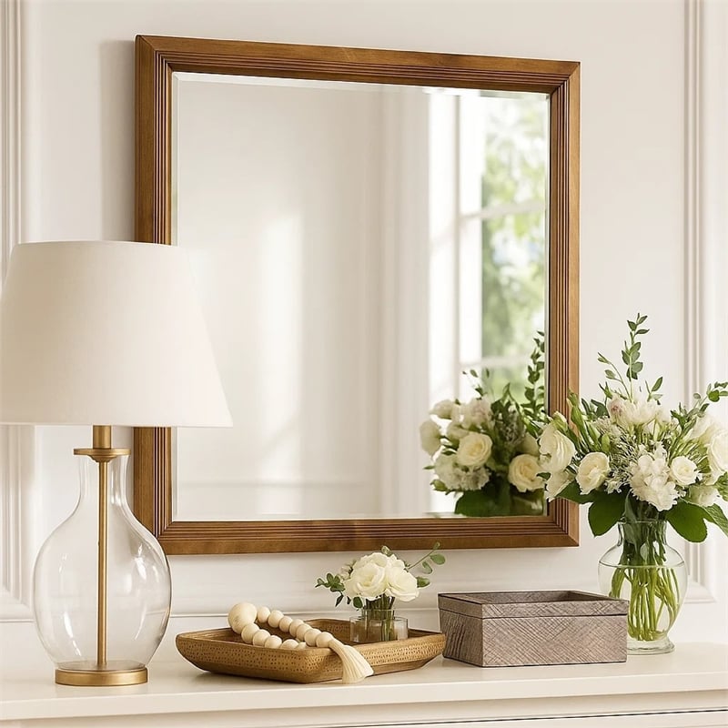 Tey Vanity Dresser Mirror- Honey Brown- Solid Rubberwood 39 Inch