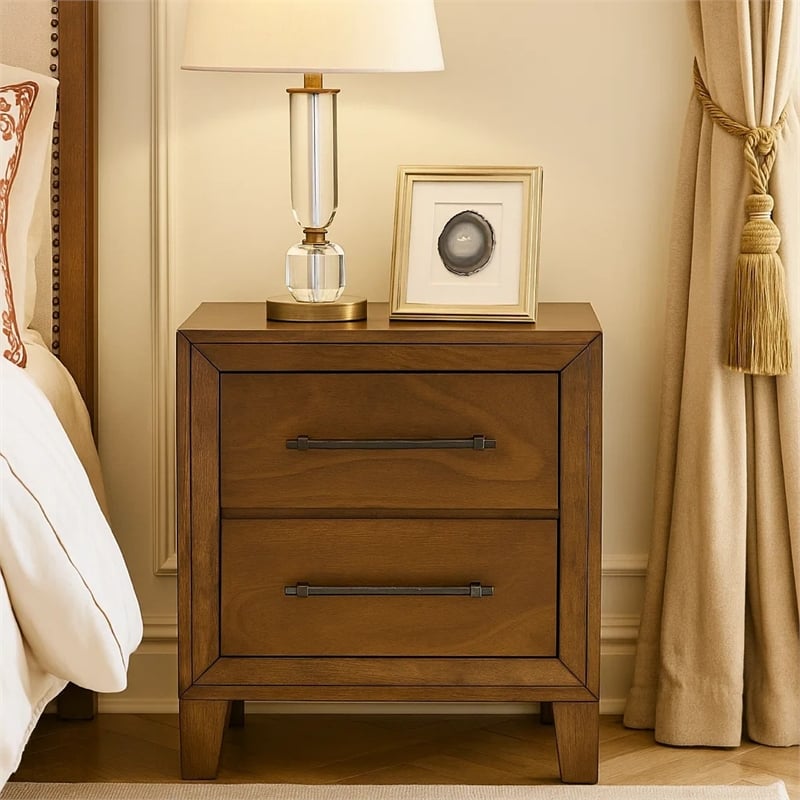 Lary Nightstand- 2 Drawers- Rustic Farmhouse Walnut Brown Finish