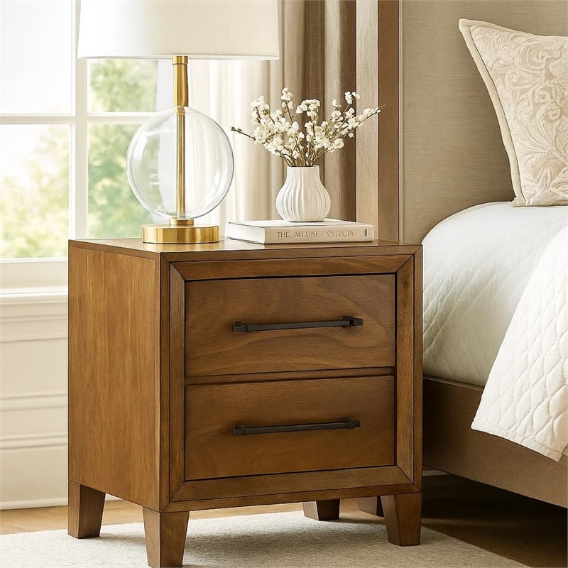 Lary Nightstand- 2 Drawers- Rustic Farmhouse Walnut Brown Finish