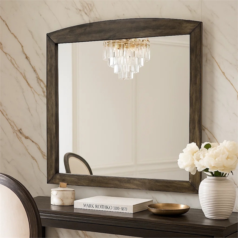 Roxy Dresser Mirror- Curved Top- Rustic Walnut Brown Solid Rubberwood