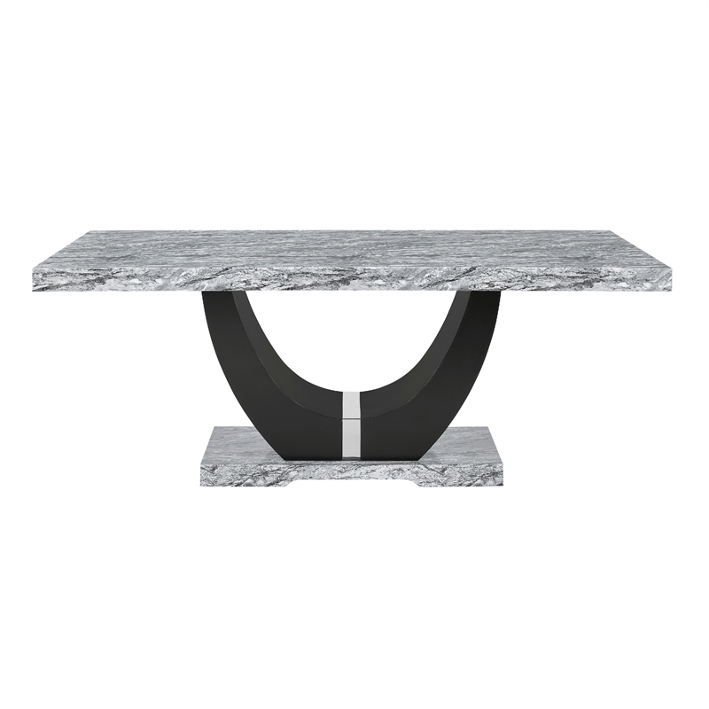 Lira Dining Table- 78 Inch Faux Marble Top- Black U Shaped Pedestal