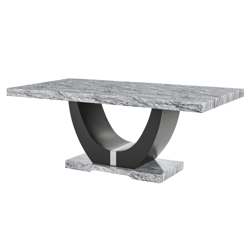 Lira Dining Table- 78 Inch Faux Marble Top- Black U Shaped Pedestal