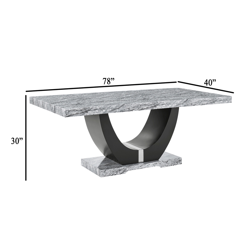 Lira Dining Table- 78 Inch Faux Marble Top- Black U Shaped Pedestal