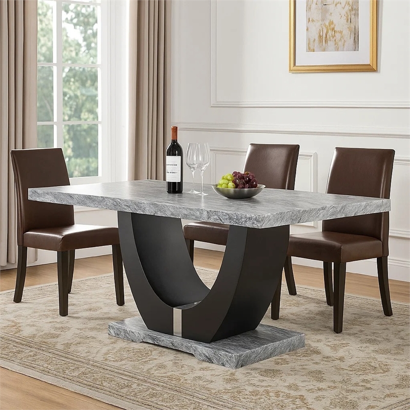 Lira Dining Table- 78 Inch Faux Marble Top- Black U Shaped Pedestal