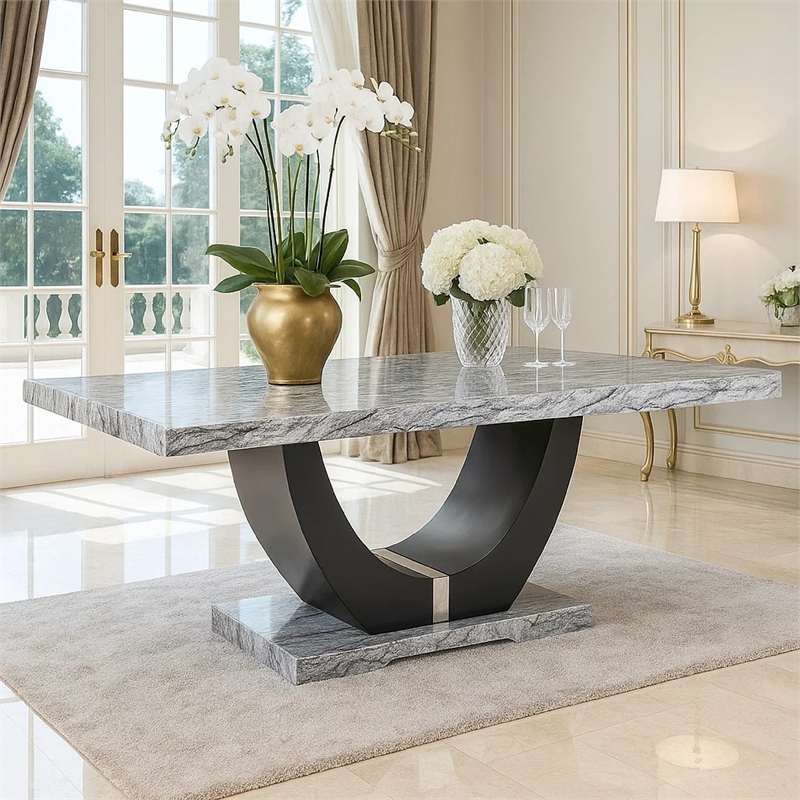 Lira Dining Table- 78 Inch Faux Marble Top- Black U Shaped Pedestal