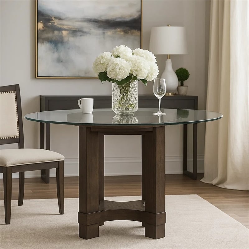 Cora Dining Table- 52 Inch Round Glass Top- Walnut Brown Pedestal Base
