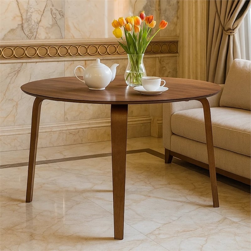 Aby Dining Table- 47 Inch Round Top- Rustic Walnut Brown Splayed Legs