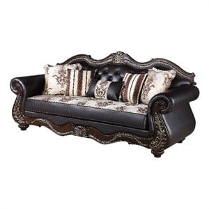 Liana Sofa- Ornate Carving- Lux Cherry Brown Faux Leather- 5 Pillows
