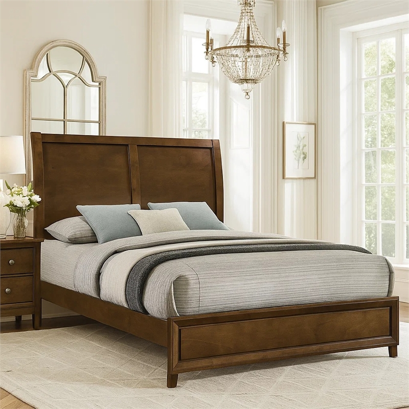 Lary Queen Bed with Sleigh-Style Headboard and Slat Kit- Walnut Brown