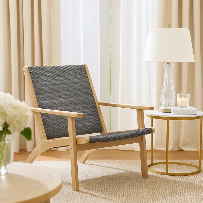 Rady Patio Side Armchair Set of 2- Gray Wicker- Brown Solid Wood