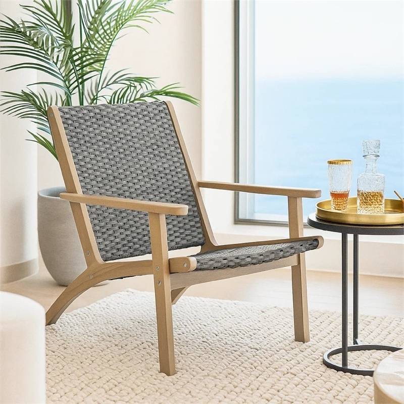 Rady Patio Side Armchair Set of 2- Gray Wicker- Brown Solid Wood