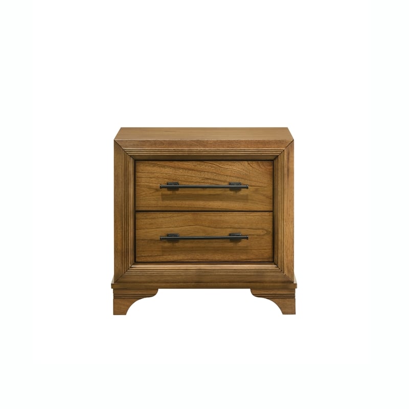 Tey Nightstand- 2 Drawers w Long Black Handles- Honey Brown