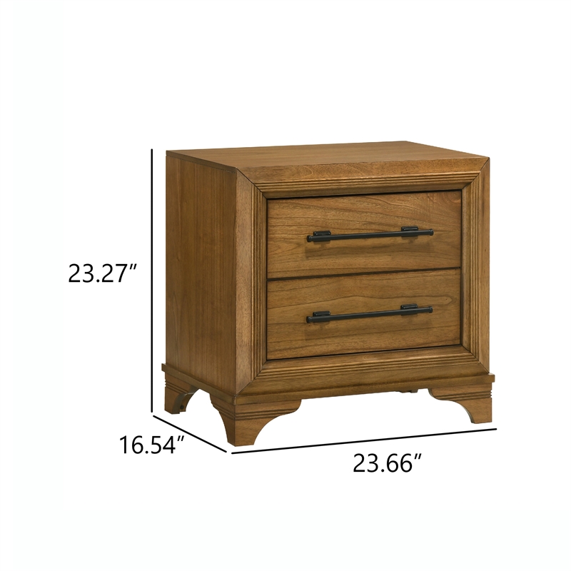 Tey Nightstand- 2 Drawers w Long Black Handles- Honey Brown