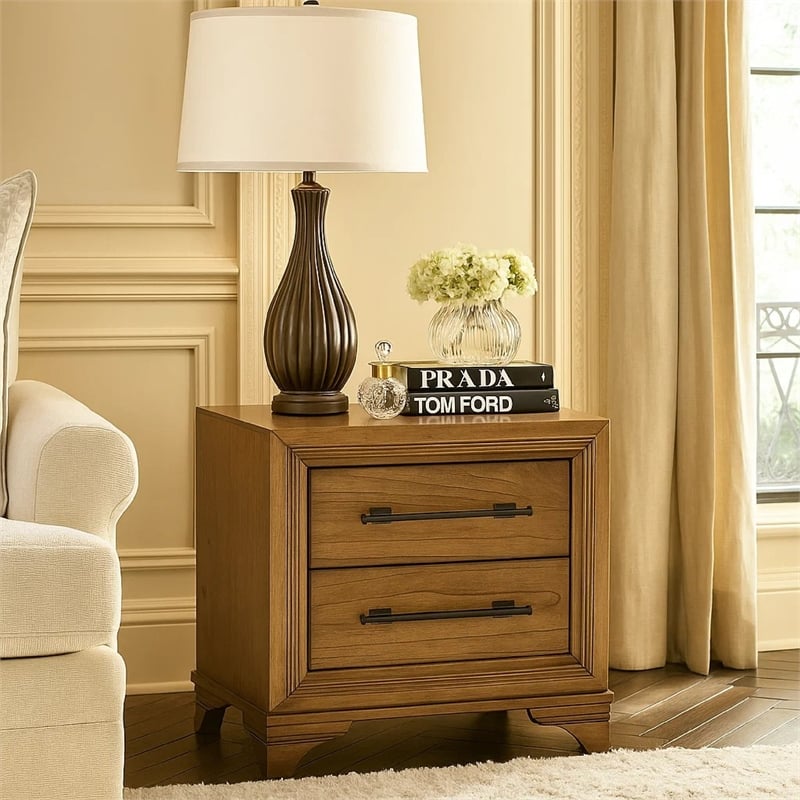 Tey Nightstand- 2 Drawers w Long Black Handles- Honey Brown