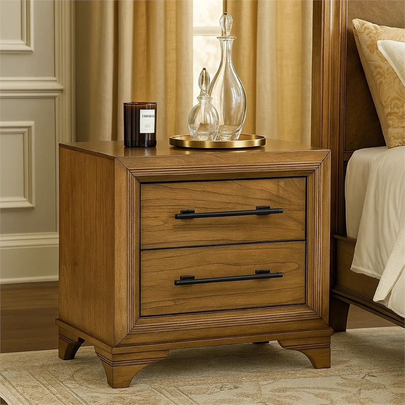 Tey Nightstand- 2 Drawers w Long Black Handles- Honey Brown