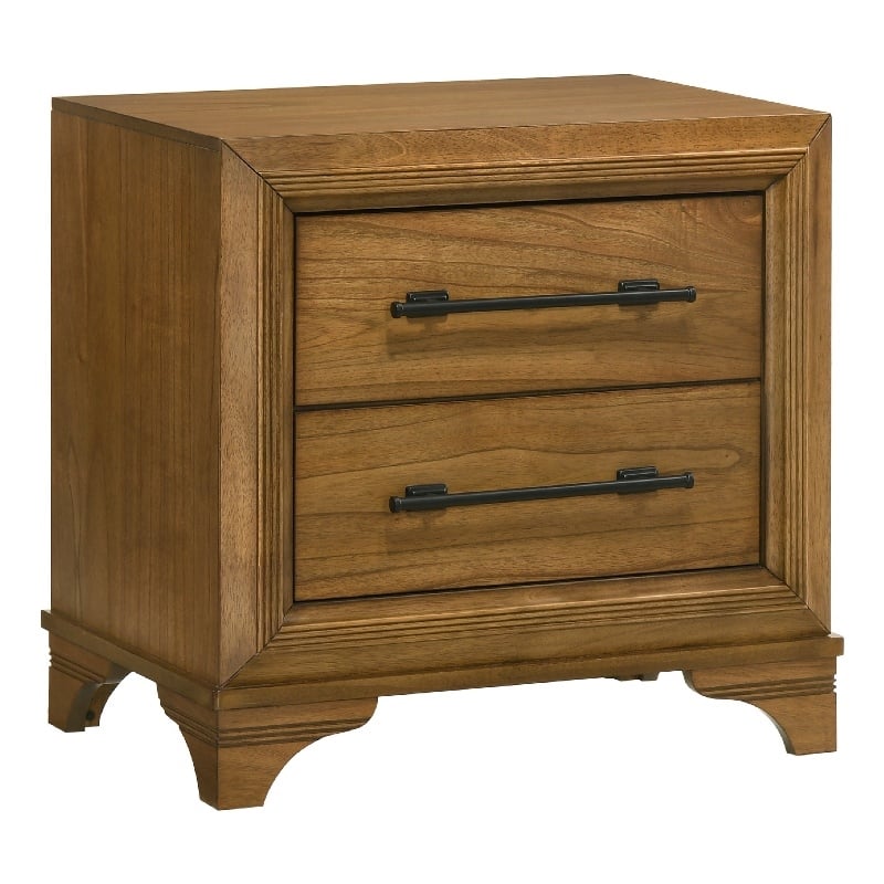 Tey Nightstand- 2 Drawers w Long Black Handles- Honey Brown