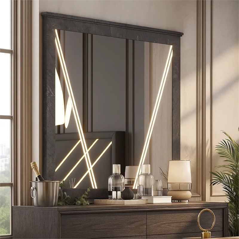 Semy Dresser Mirror- 40 Inch Lighted Gray Marble Frame- Low Distortion