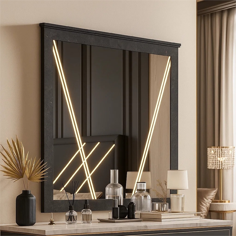 Semy Dresser Mirror- 40 Inch Lighted Gray Marble Frame- Low Distortion