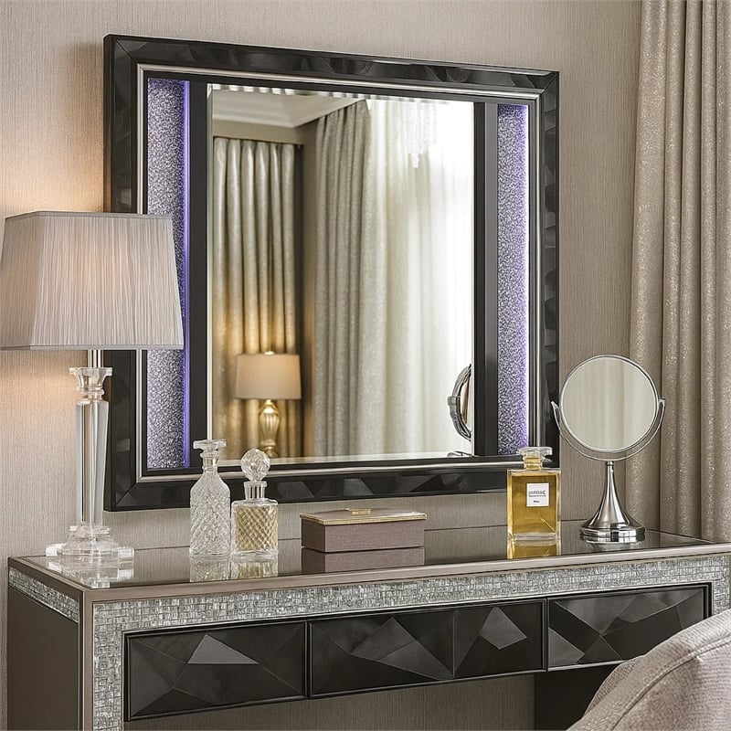 Ren Dresser Mirror- 45 Inch- Crushed Crystal Look Black Laminate- LED