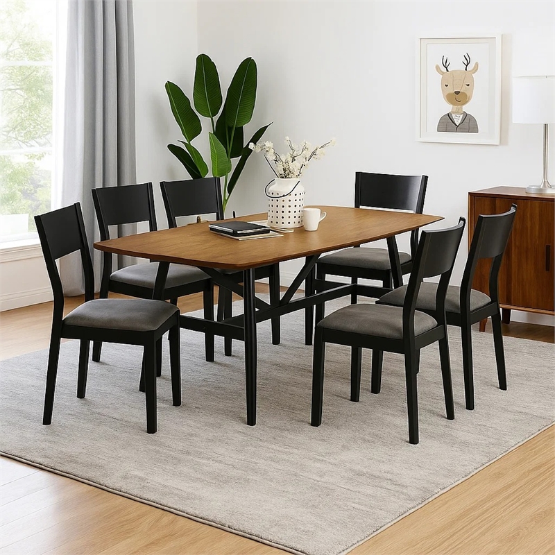 Riera 7pc Dining Table Set with Planked Top- 6 Faux Leather Chairs