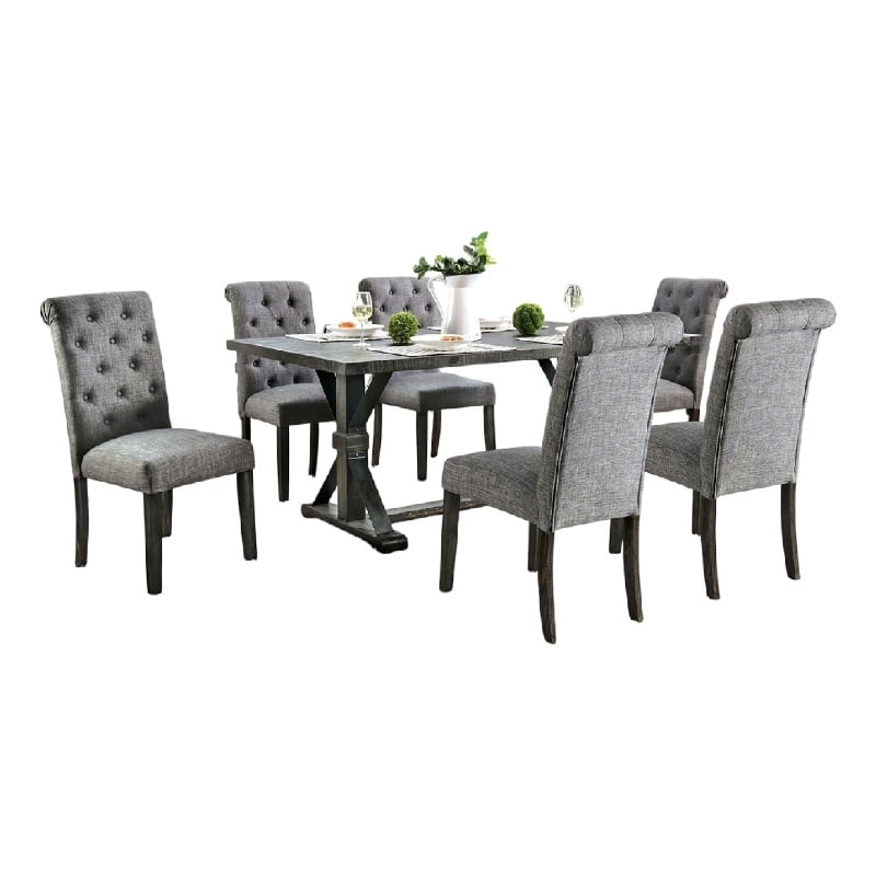 Fredy 7pc Dining Table Set- Dual Pedestal Base- 6 Beige Fabric Chairs