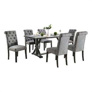Fredy 7pc Dining Table Set- Dual Pedestal Base- 6 Beige Fabric Chairs