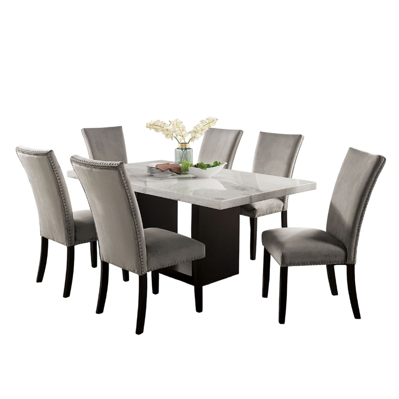 Ronda 7pc Dining Table Set with Marble Top- Gray Fabric Chairs- White