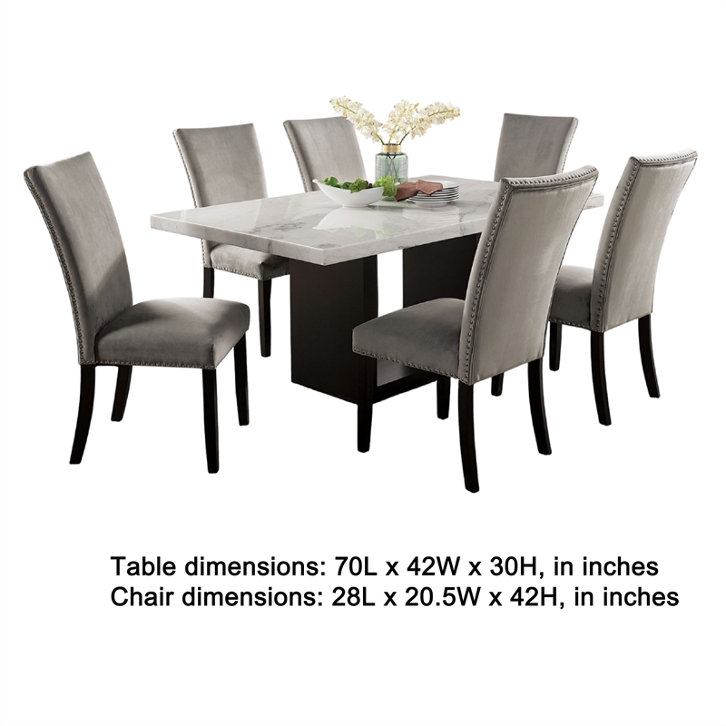 Ronda 7pc Dining Table Set with Marble Top- Gray Fabric Chairs- White