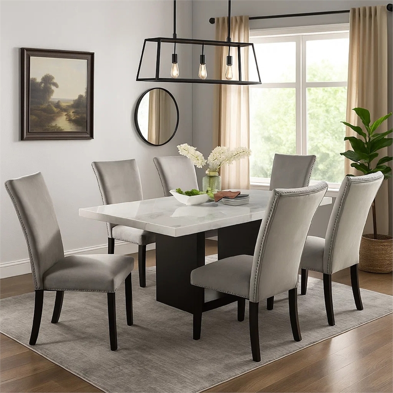 Ronda 7pc Dining Table Set with Marble Top- Gray Fabric Chairs- White