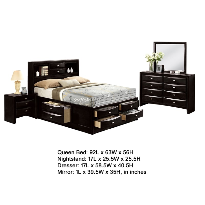 Simo 5pc Queen Bedroom Set w Bookcase Headboard- 2 Nightstands- Black