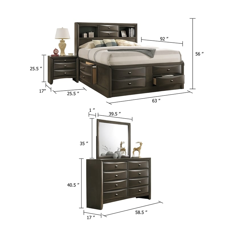 Simo 5pc Queen Bedroom Set w Bookcase Headboard- 2 Nightstands- Gray