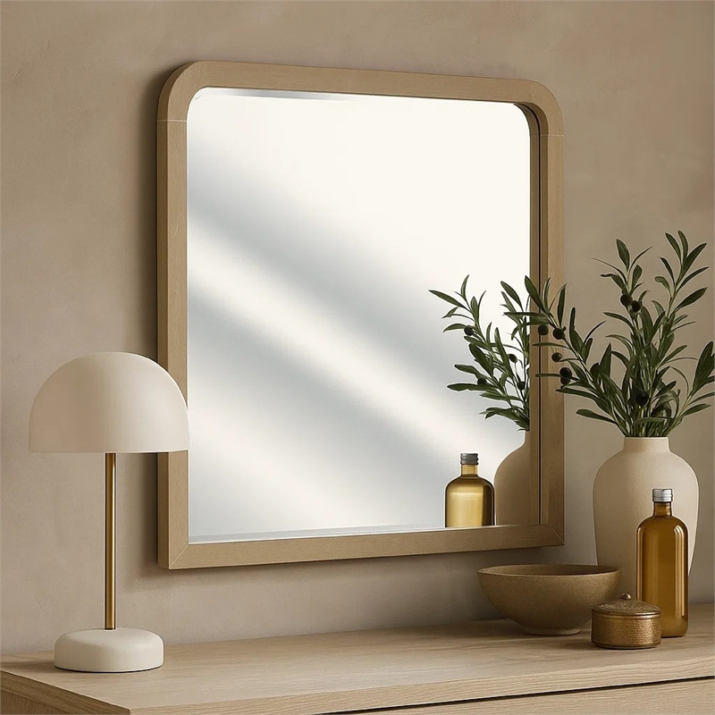 Tanya Dresser Mirror- Beveled Curved Edge- Natural Brown Wood 40x46