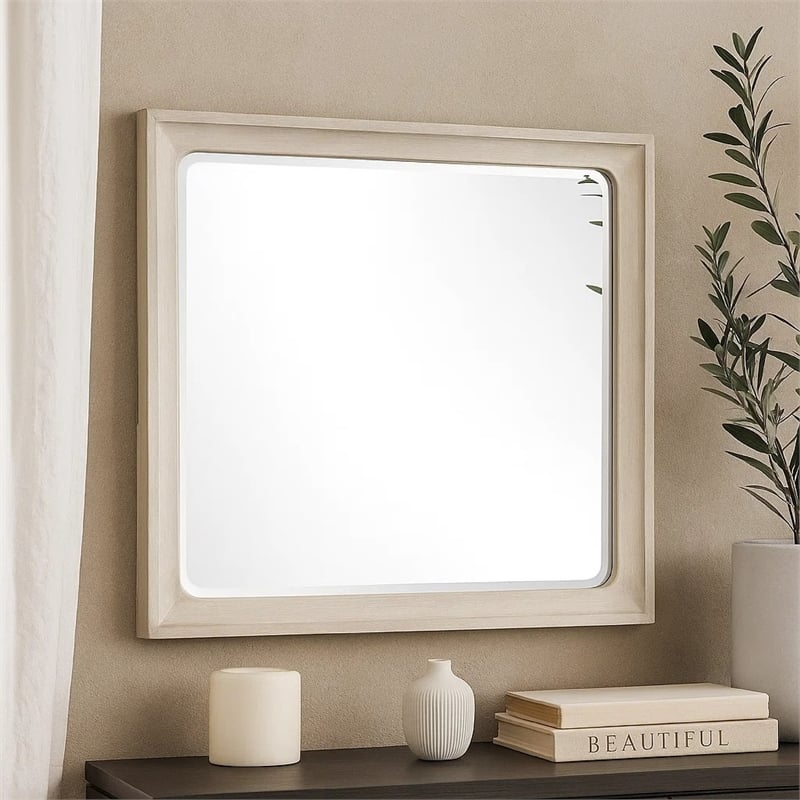 Rozie Dresser Mirror- Bevelled Accents- Light Brown Solid Wood 36x40