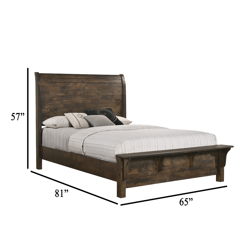 Blie Queen Bed with Built-In Footboard Bench- Rustic Brown Solid Wood