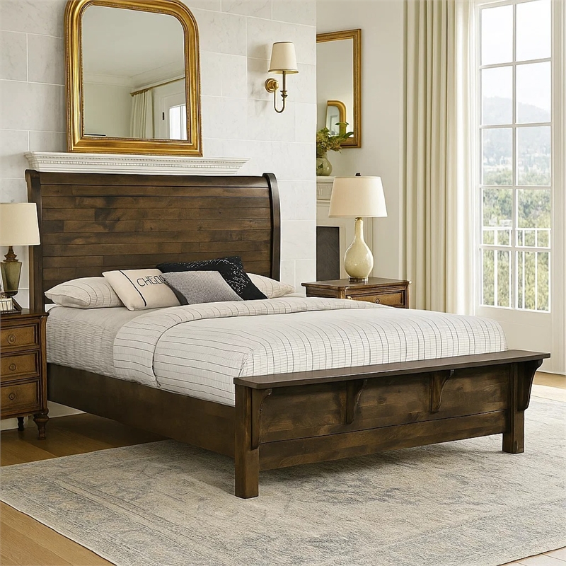 Blie Queen Bed with Built-In Footboard Bench- Rustic Brown Solid Wood