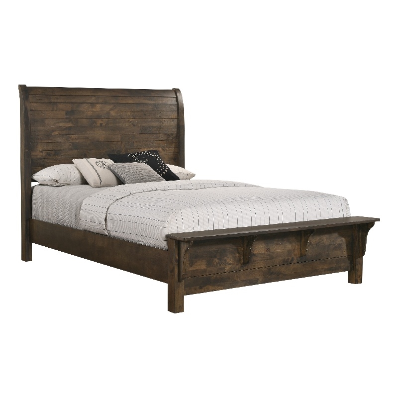 Blie Queen Bed with Built-In Footboard Bench- Rustic Brown Solid Wood