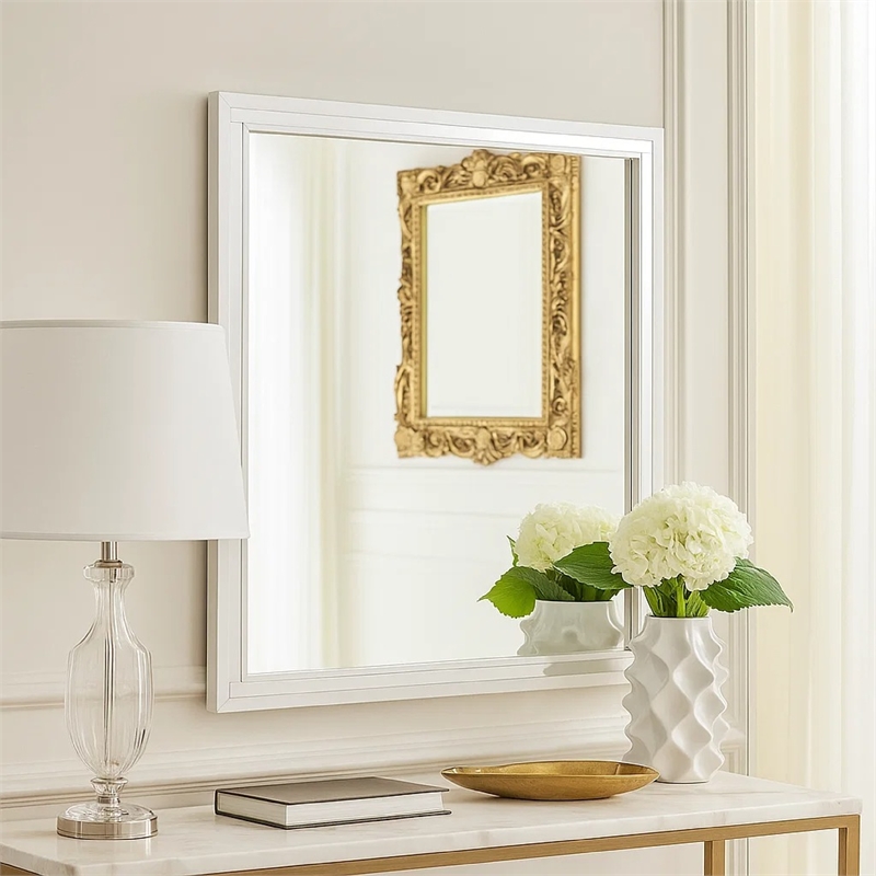 Ruo Dresser Mirror- 40 Inch Square Frame- Low Distortion- Glossy White