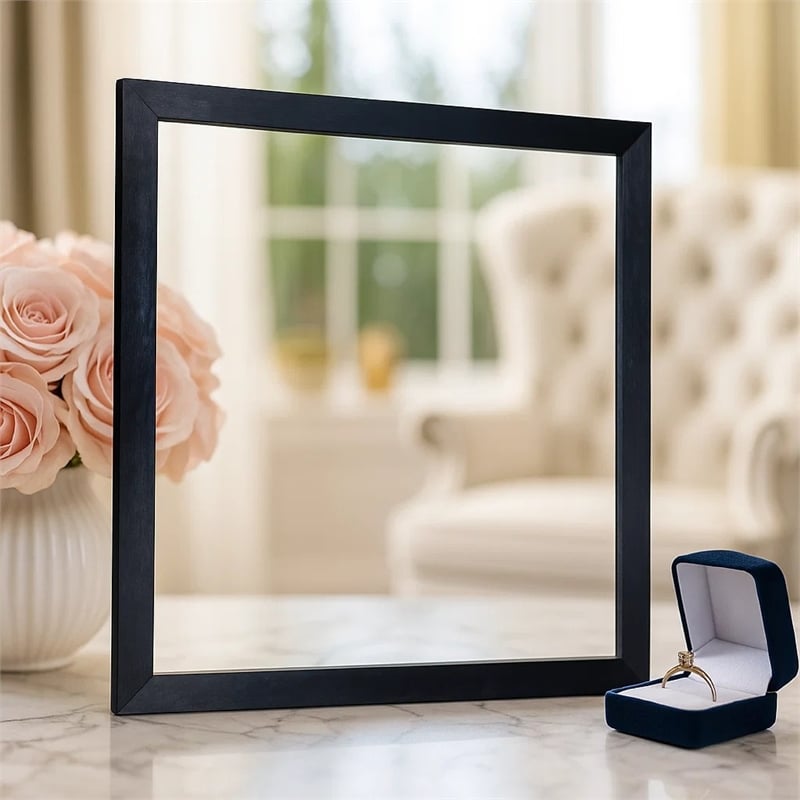 Theo Dresser Mirror- 40 Inch Square Black Frame- Beveled Low Distortion