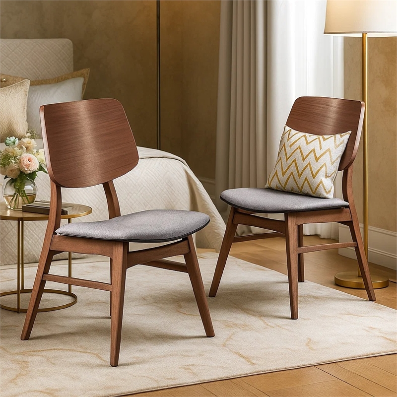 Scar Dining Side Chair Set of 2- Dark Gray Seat- Walnut Brown Wood