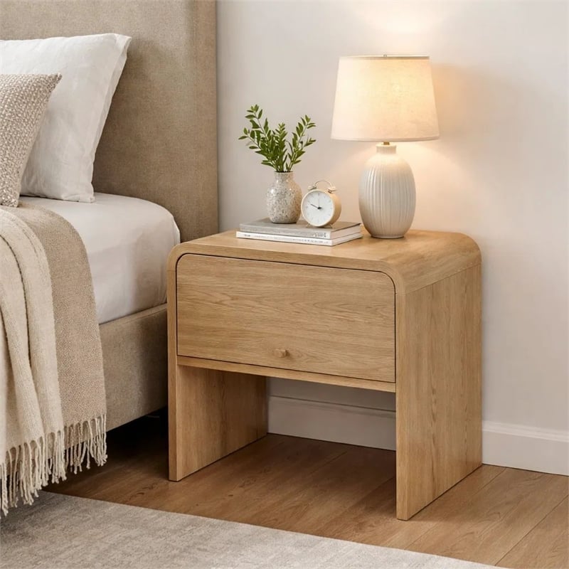 Maria Bedside Table Nightstand- 2 Drawers- Natural Beige Waterfall Edges