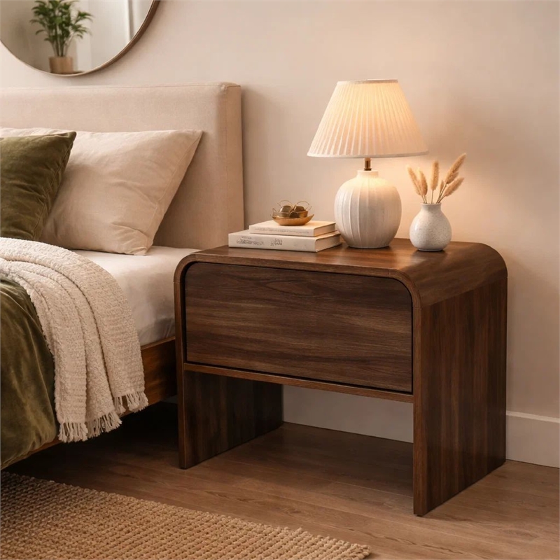 Maria Bedside End Table- 2 Drawers- Walnut Brown Waterfall Edges