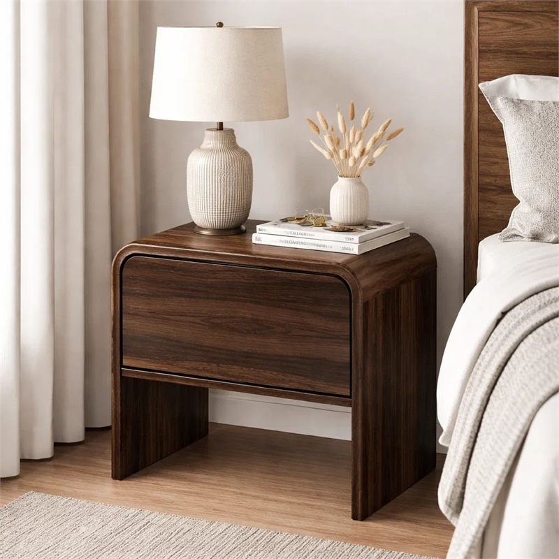 Maria Bedside End Table- 2 Drawers- Walnut Brown Waterfall Edges