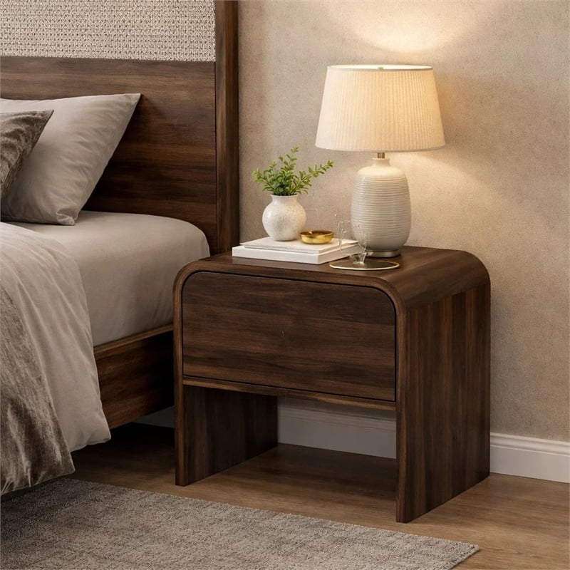 Maria Bedside End Table- 2 Drawers- Walnut Brown Waterfall Edges