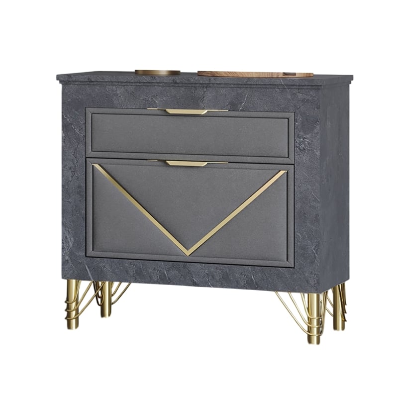 Semy Nightstand- 2 Gold Accented Drawers- Gray Marble Laminate