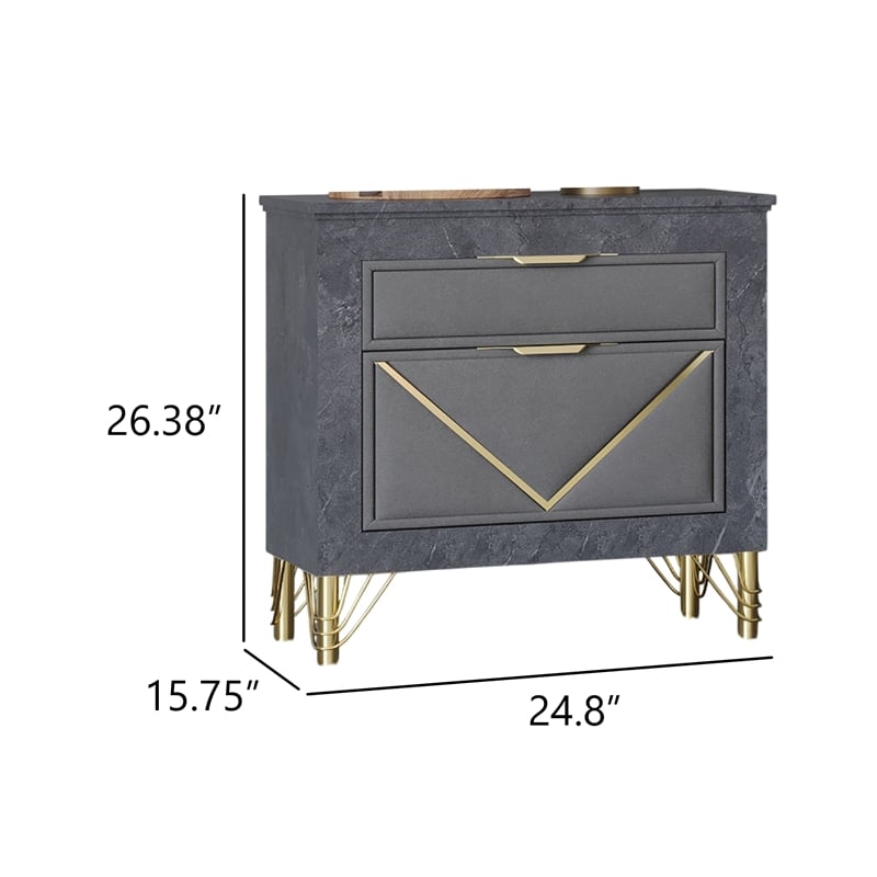Semy Nightstand- 2 Gold Accented Drawers- Gray Marble Laminate