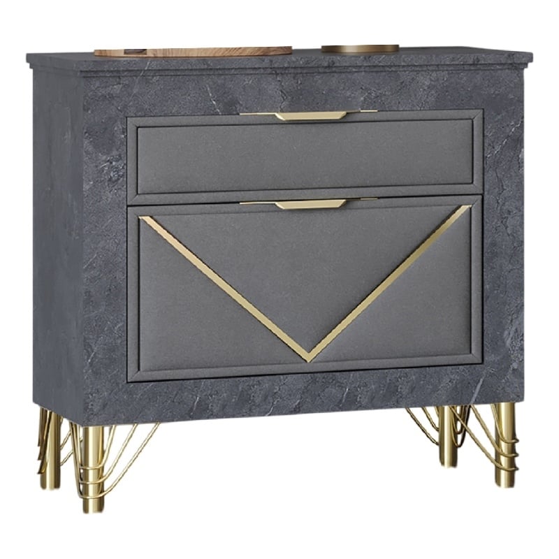 Semy Nightstand- 2 Gold Accented Drawers- Gray Marble Laminate